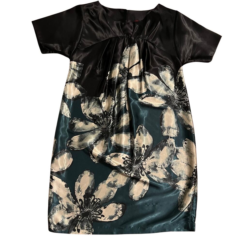 Jus de Pommes Floral Shift Dress Black Teal Cream Size 40 Elegant
